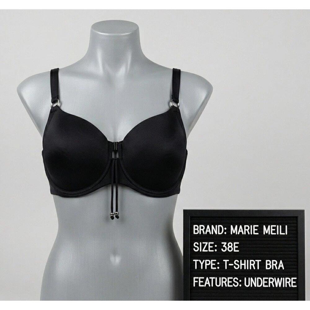 Marie Meili 38E Bra Black T-Shirt Underwire Beaded Tie Detail Smooth Full Cup